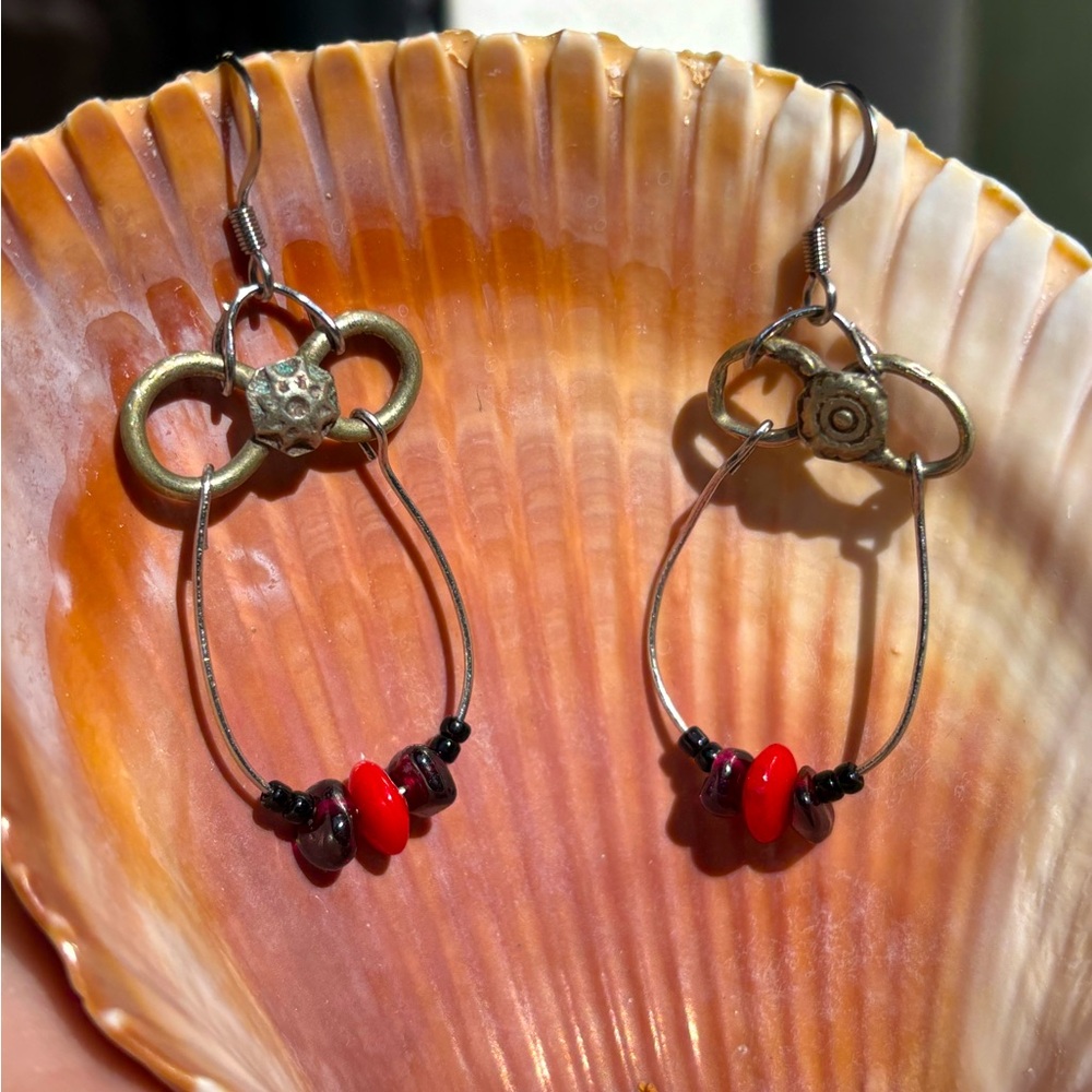 Handmade Vintage Mixed Metal Garnet and Coral Red Dangle Earrings
